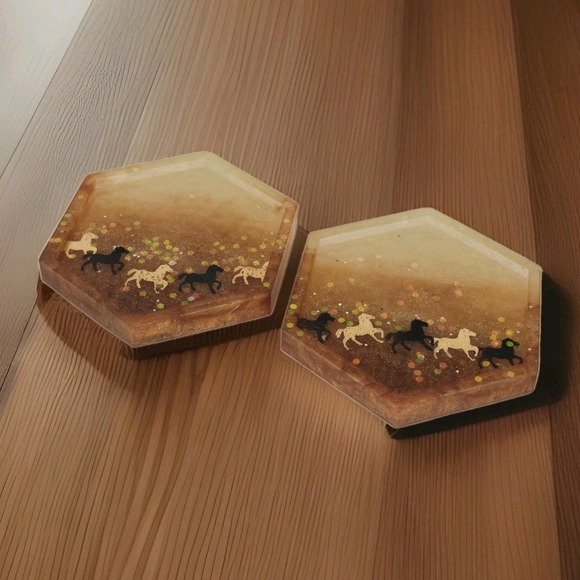 Handmade Other - Horses Hexagon w/ Pads Coaster Trinket Tray Set Glitter Gold Ombre Amber Brown